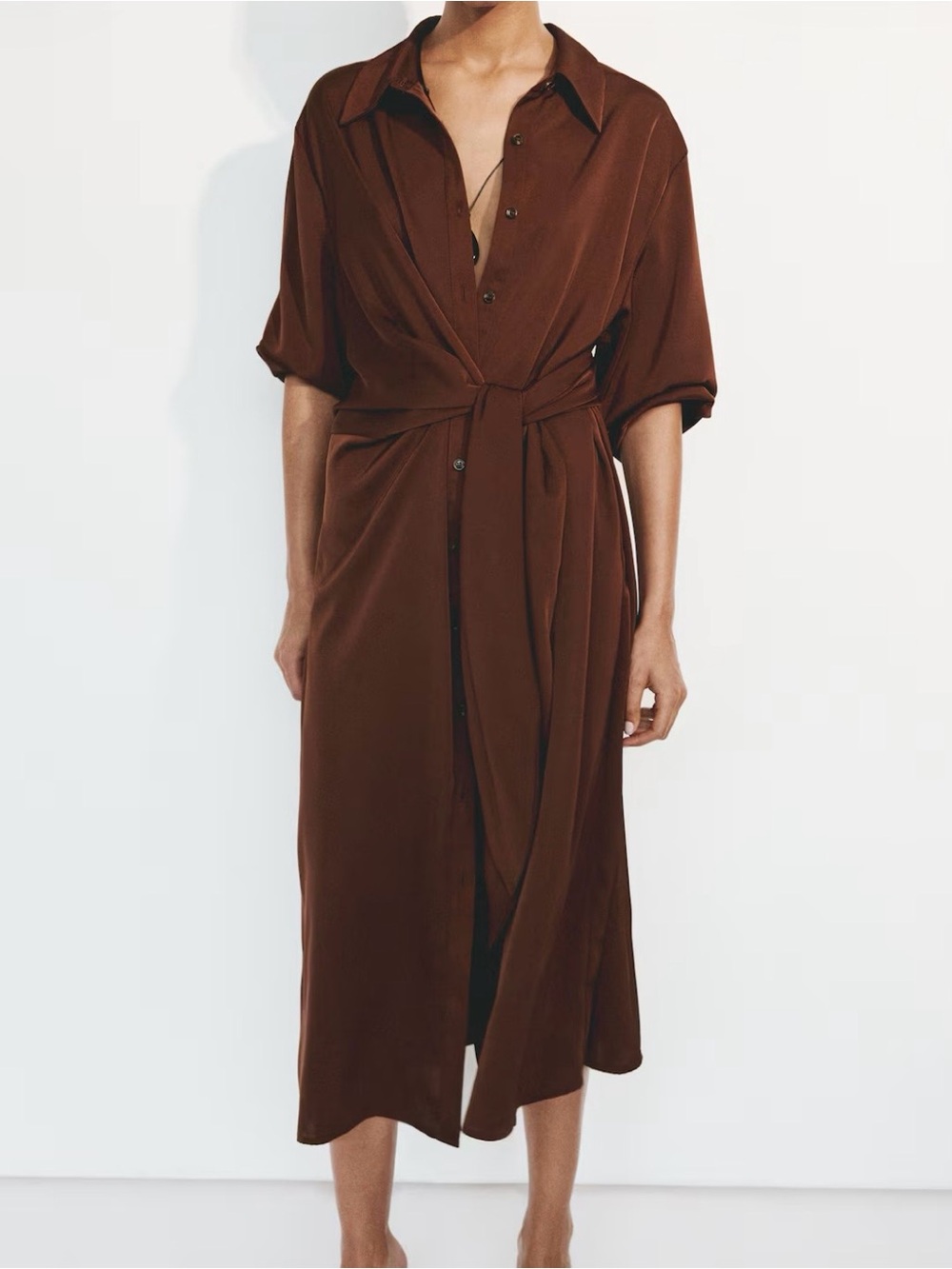 H&M Brown Tie-Waist Shirt Dress - Women